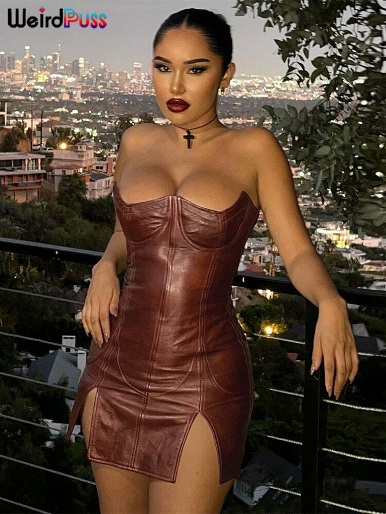 2024 Coquette Aesthetic Backless Dress - Trendy Faux Leather Split Midi for Y2K Style