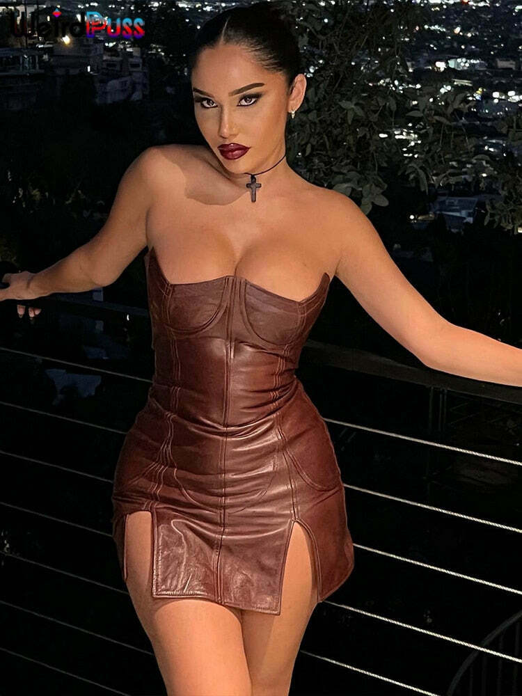 2024 Coquette Aesthetic Backless Dress - Trendy Faux Leather Split Midi for Y2K Style