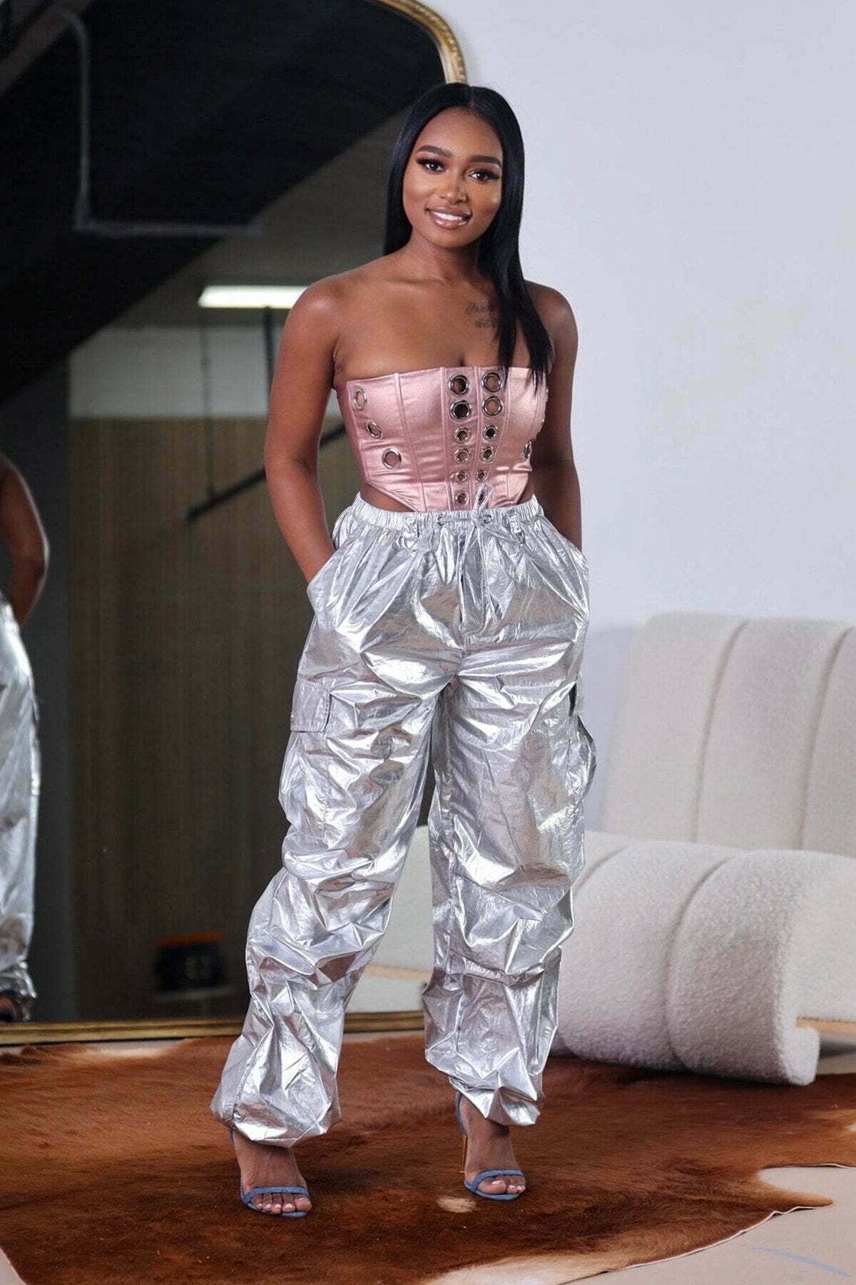 2024 Silver Metallic High Waist Cargo Pants - Y2K Aesthetic, Grunge Style, Trendy Outfits