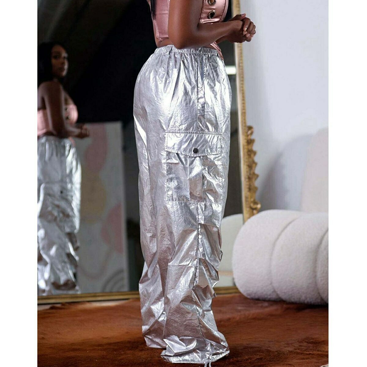 2024 Silver Metallic High Waist Cargo Pants - Y2K Aesthetic, Grunge Style, Trendy Outfits