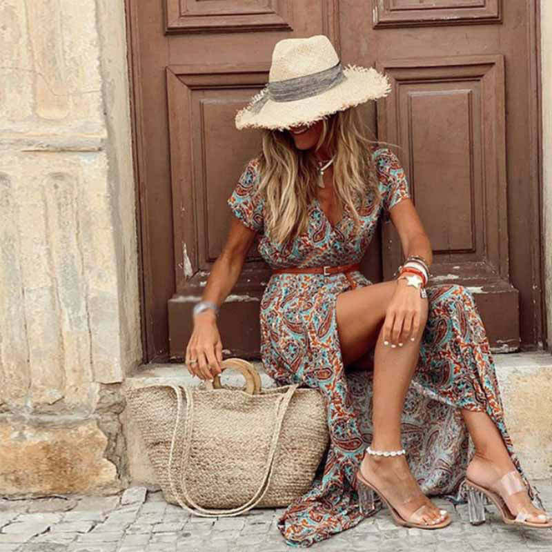 2024 Summer Y2K Boho Maxi Dress - Casual Paisley Print with Belt, Perfect for Aesthetic Outfits