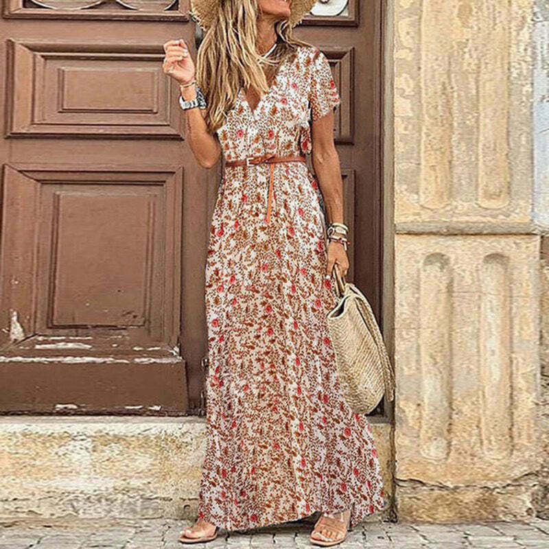 2024 Summer Y2K Boho Maxi Dress - Casual Paisley Print with Belt, Perfect for Aesthetic Outfits