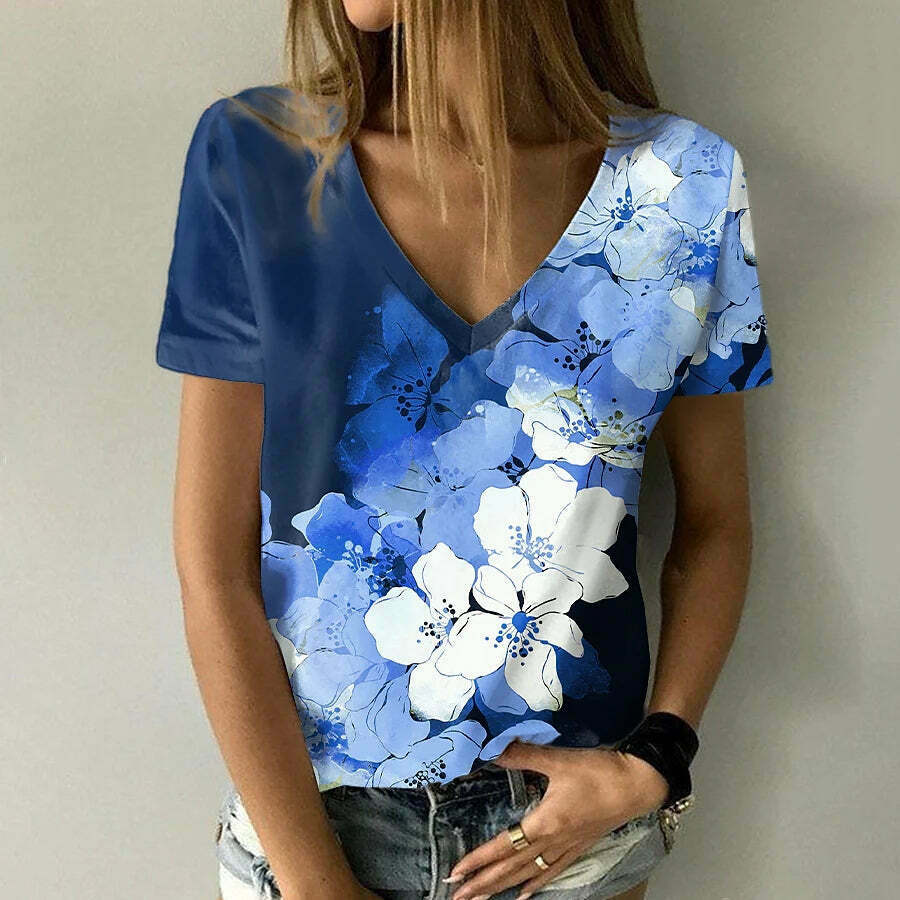 2024 Summer Y2K Floral Print V-Neck Top - Cute Aesthetic Shirt for Coquette & Grunge Styles