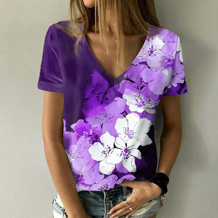 2024 Summer Y2K Floral Print V-Neck Top - Cute Aesthetic Shirt for Coquette & Grunge Styles