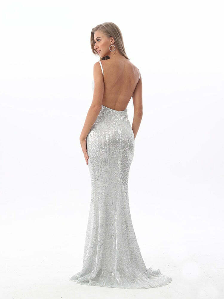 2024 V-Neck Silver Sequined Mermaid Dress - Y2K Glam, Coquette Aesthetic, and Grunge Style