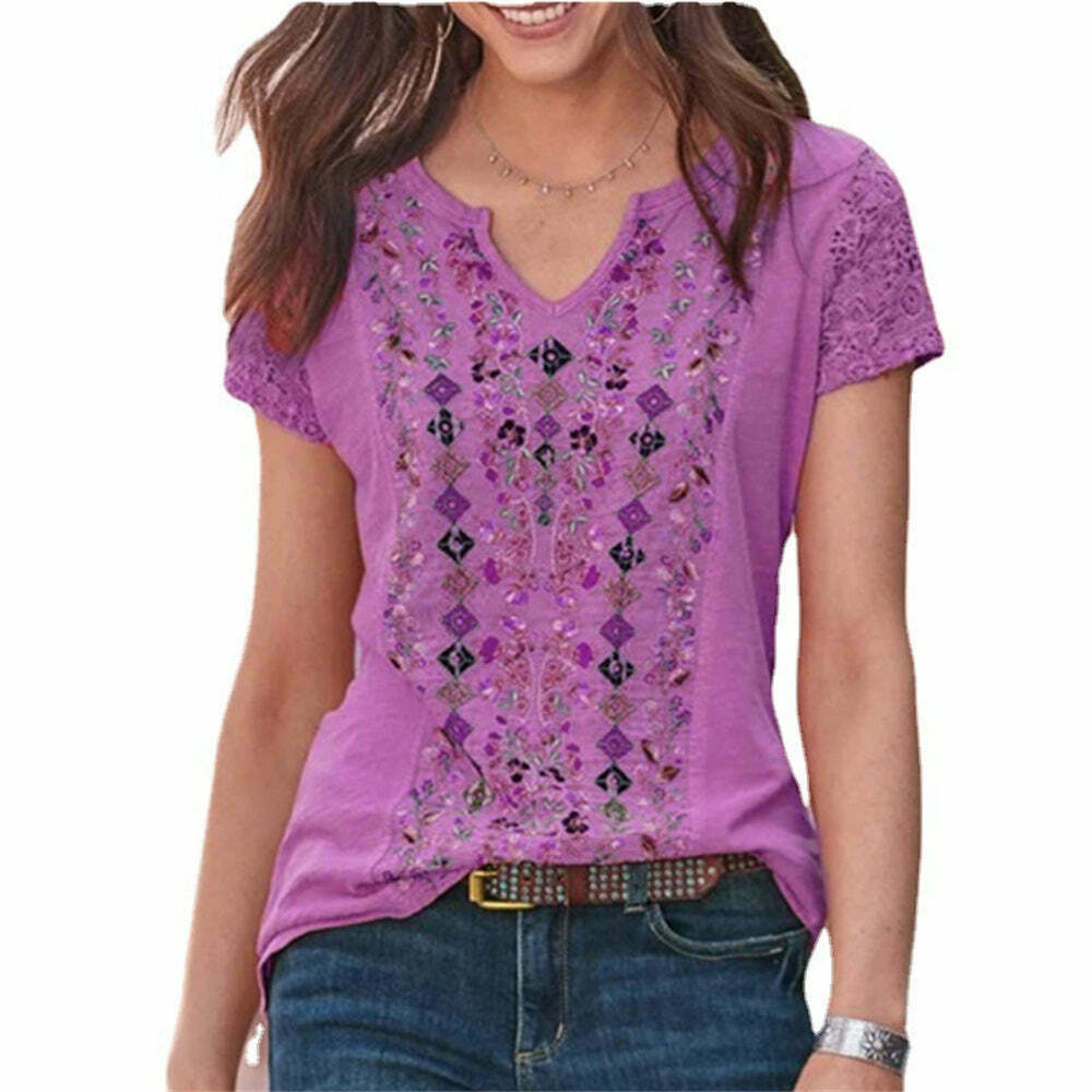 2024 Vintage Boho Floral Print V-Neck T-Shirt - Y2K Aesthetic Casual Loose Top