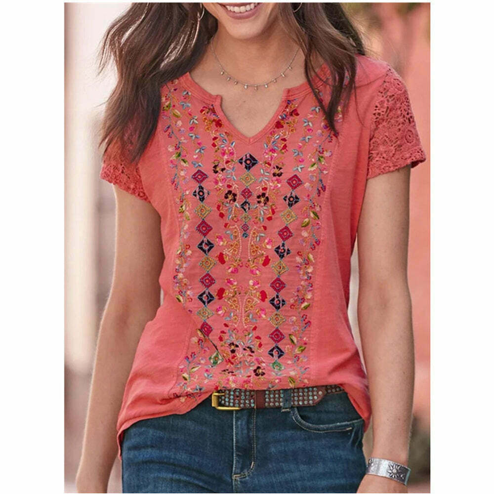 2024 Vintage Boho Floral Print V-Neck T-Shirt - Y2K Aesthetic Casual Loose Top