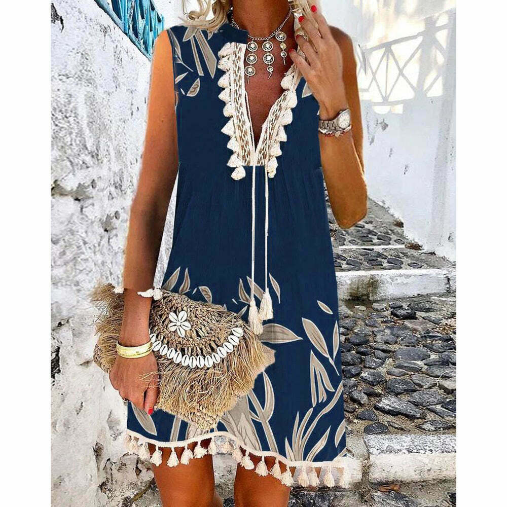 2024 Women’s Boho Tank Dress with Tassel Decor - Y2K Aesthetic Sleeveless Style