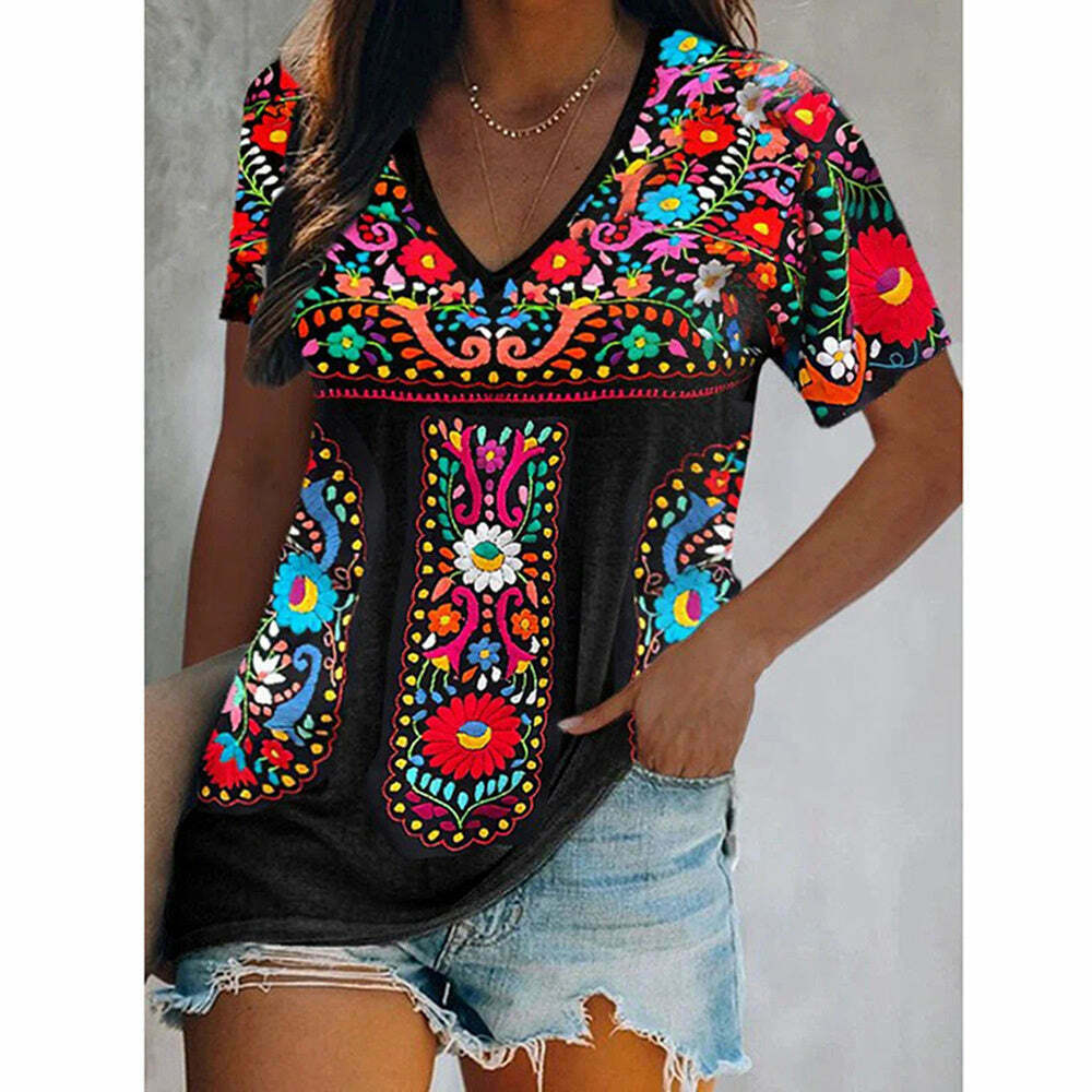 2024 Y2K Boho V-Neck Patchwork Tee - Cute Casual Ethnic Style for Aesthetic Outfits