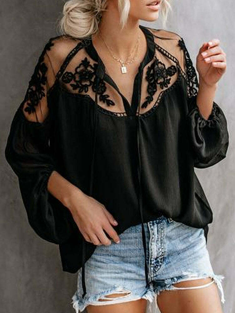 2024 Y2K Embroidery Patchwork Chiffon Blouse - Cute Casual Top for Coquette & Grunge Aesthetics