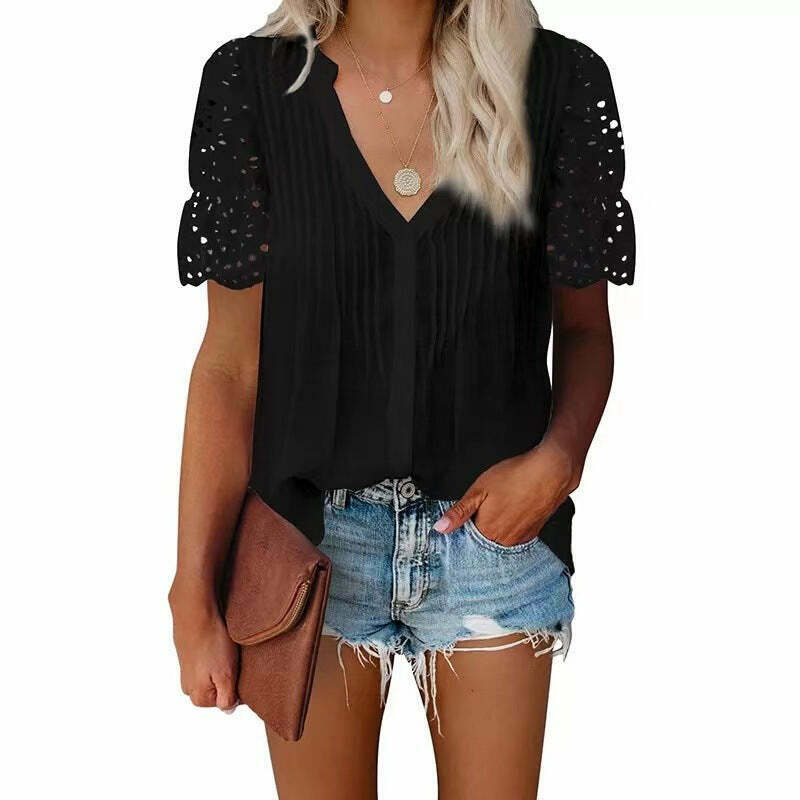 2024 Y2K Fashion Casual Loose V-Neck Pleated Lace Stitch Short-Sleeve Top for Aesthetic Outfits