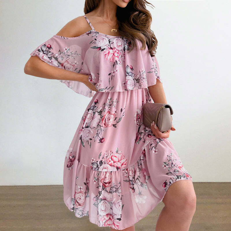 2024 Y2K Floral Ruffled Off-Shoulder Dress - Cute Casual Summer Aesthetic Outfit