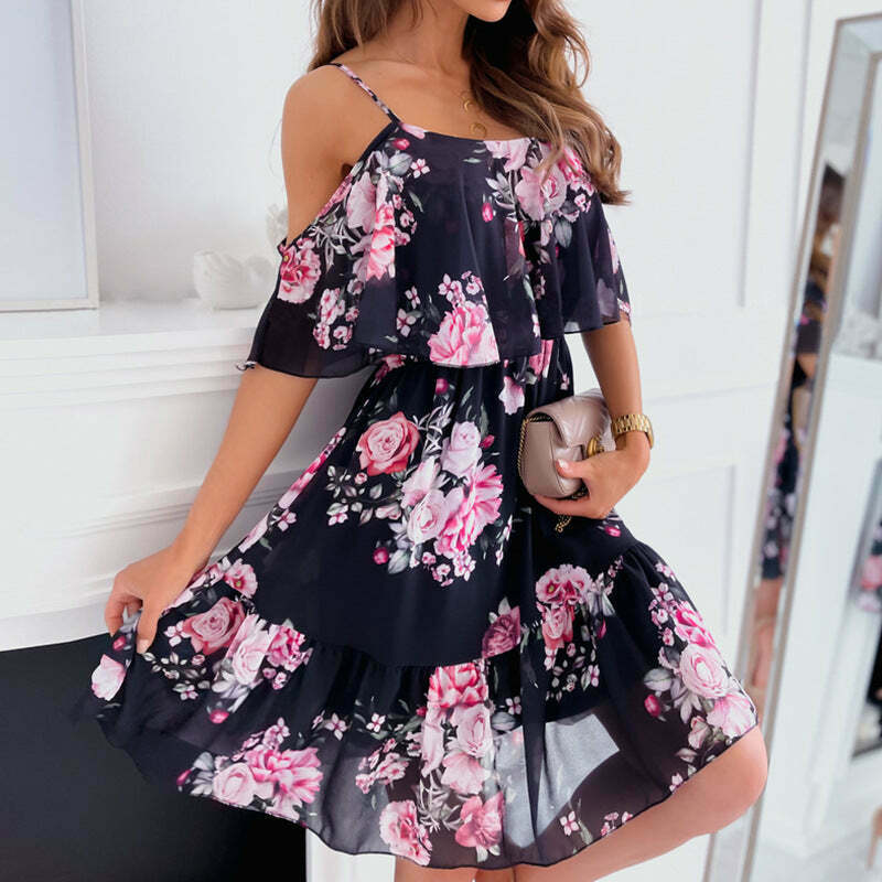 2024 Y2K Floral Ruffled Off-Shoulder Dress - Cute Casual Summer Aesthetic Outfit