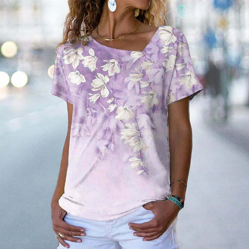 2024 Y2K Floral V-Neck Tee - Cute Pastel Goth Top for Coquette & Grunge Aesthetic