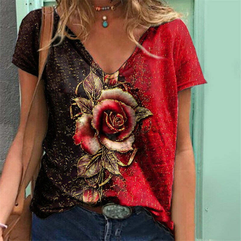 2024 Y2K Floral V-Neck Tee: Cute Summer Top for Coquette & Grunge Aesthetic Lovers