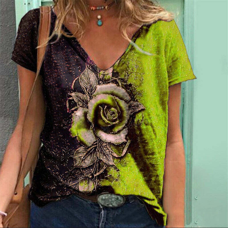 2024 Y2K Floral V-Neck Tee: Cute Summer Top for Coquette & Grunge Aesthetic Lovers