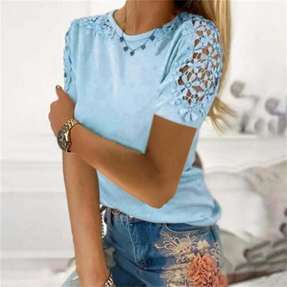 2024 Y2K Lace Patchwork O-Neck Tee - Cute Grunge Aesthetic Top for Stylish Outfits