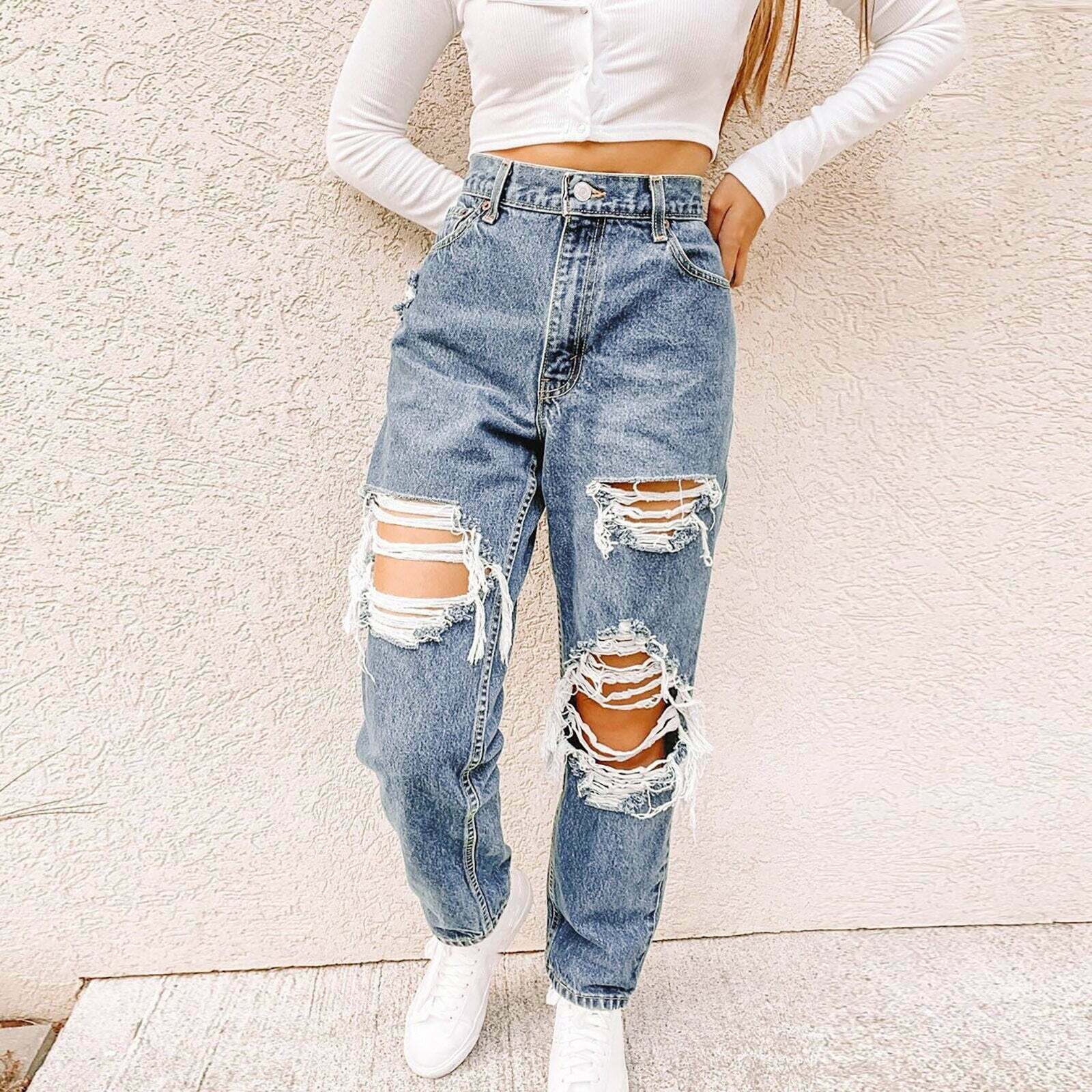 2024 Y2K Low Rise Ripped Denim Jeans - Grunge Aesthetic Streetwear for Trendy Outfits