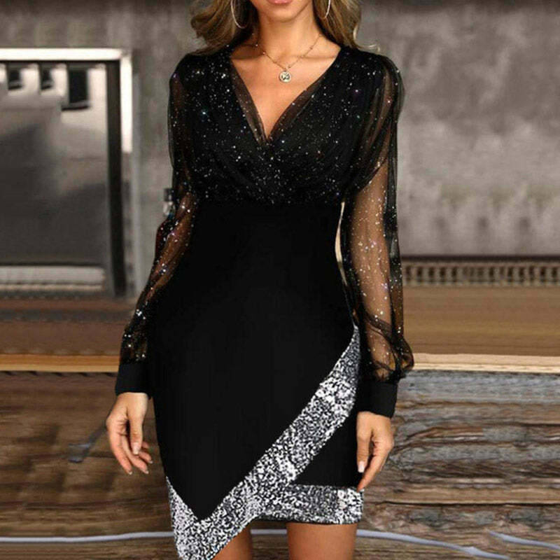 2024 Y2K Sequin Mini Dress with V-Neck & Irregular Hem - Cute Party Aesthetic Outfit