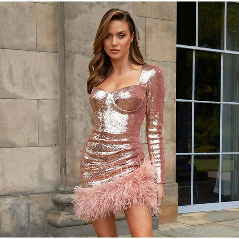 2024 Y2K Sequined Feather Bodycon Dress - Cute Coquette Aesthetic for Night Out