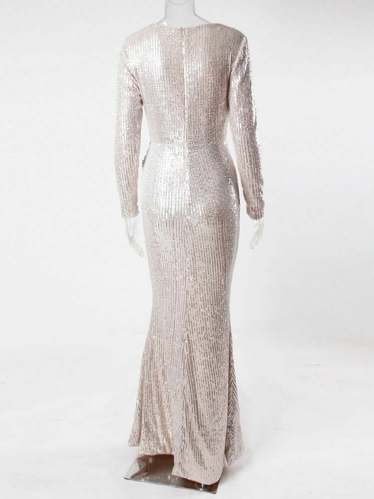 2024 Y2K Silver Sequin Deep V-Neck Gown - Glamorous Coquette & Grunge Aesthetic Dress