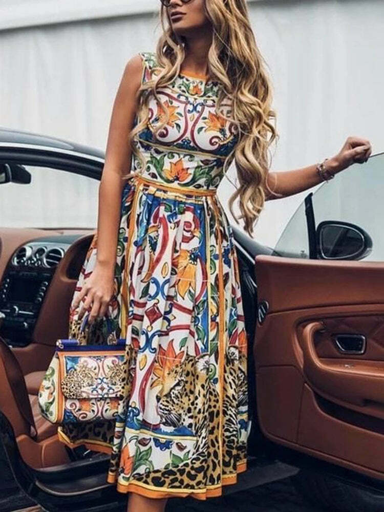 2024 Y2K Vintage Print Bohemian Dress - Sleeveless Long Dress for Cute Aesthetic Looks