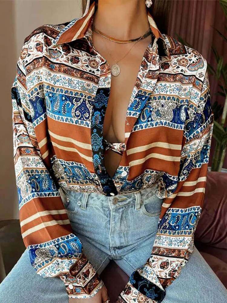 Bohemian Printed Long Sleeve Top - Y2K Aesthetic Blouse for Cute & Comfy Outfits