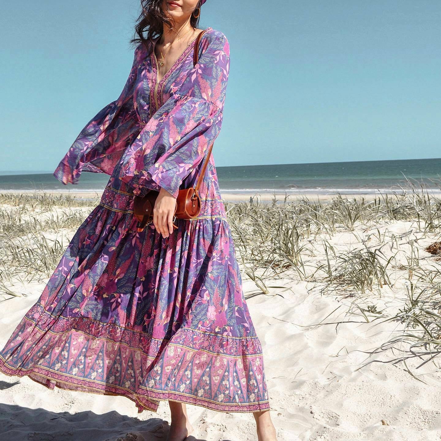 Bohemian V-Neck Flare Sleeve Pleated Maxi Dress - Y2K Aesthetic, Coquette Style, Vintage Vibes