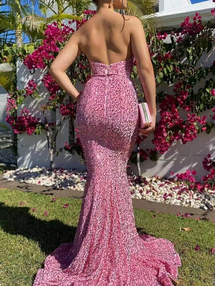 Chic Pink Strapless Sequin Dress - Y2K Aesthetic, Coquette Style, Perfect for Date Night