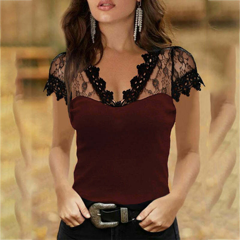 Chic Y2K Lace V-Neck Short Sleeve Top - Cute Solid Shirt for Coquette & Grunge Aesthetics