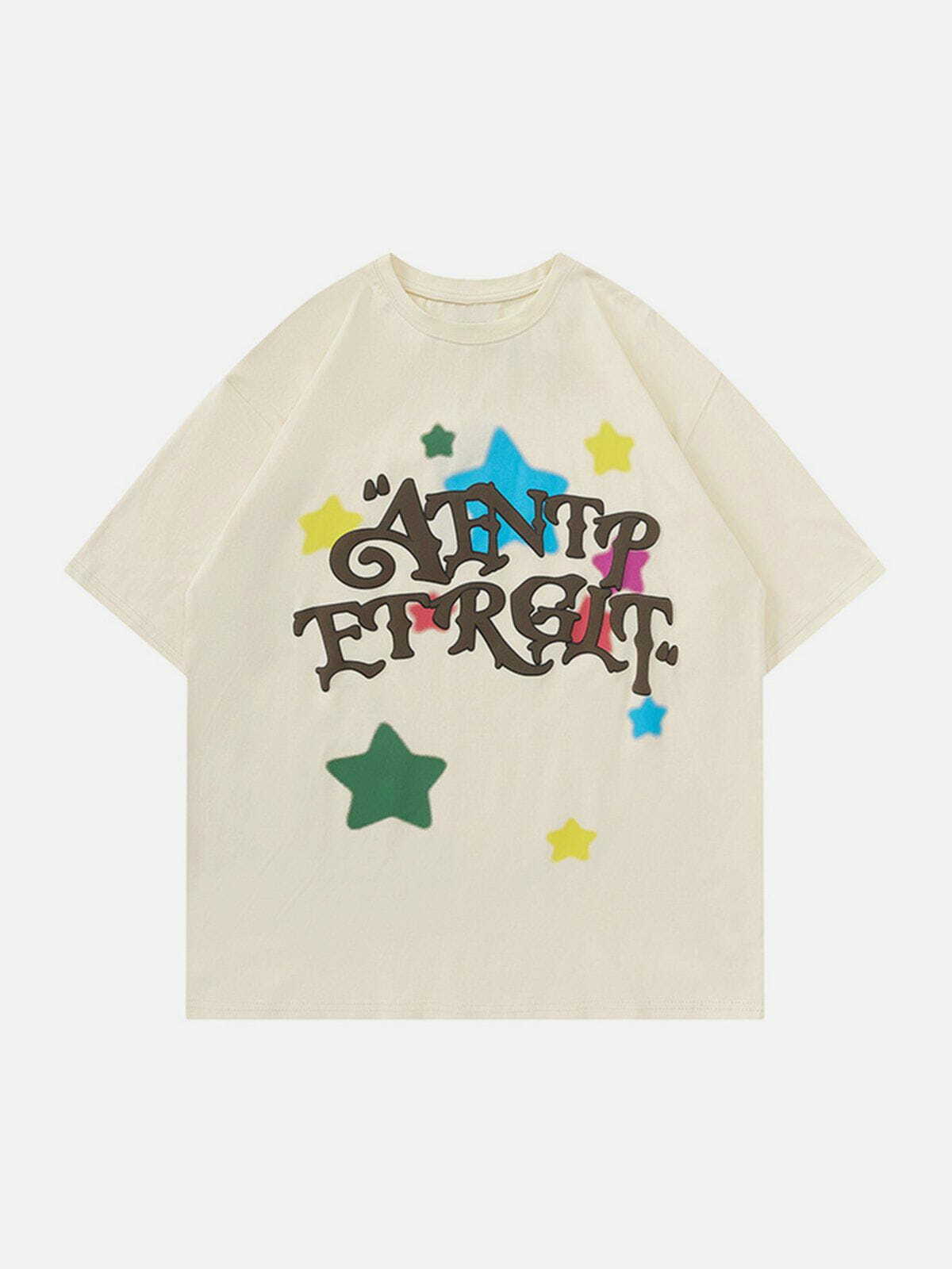 Colorful Star Letters Graphic Tee - Y2K Summer Outfit, 90s Grunge Style, Retro Fashion Top