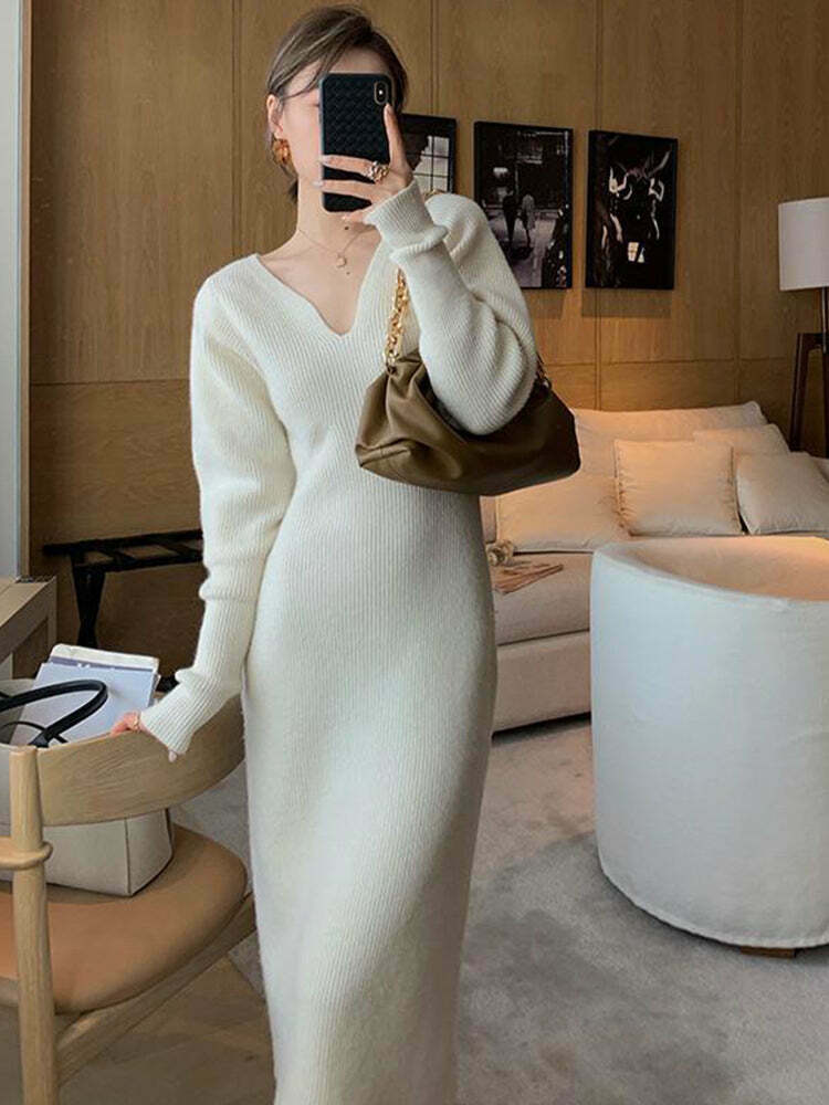 Coquette Aesthetic V-Neck Knitted Dress Robe - Y2K Fashion Comfy Sweater Dress