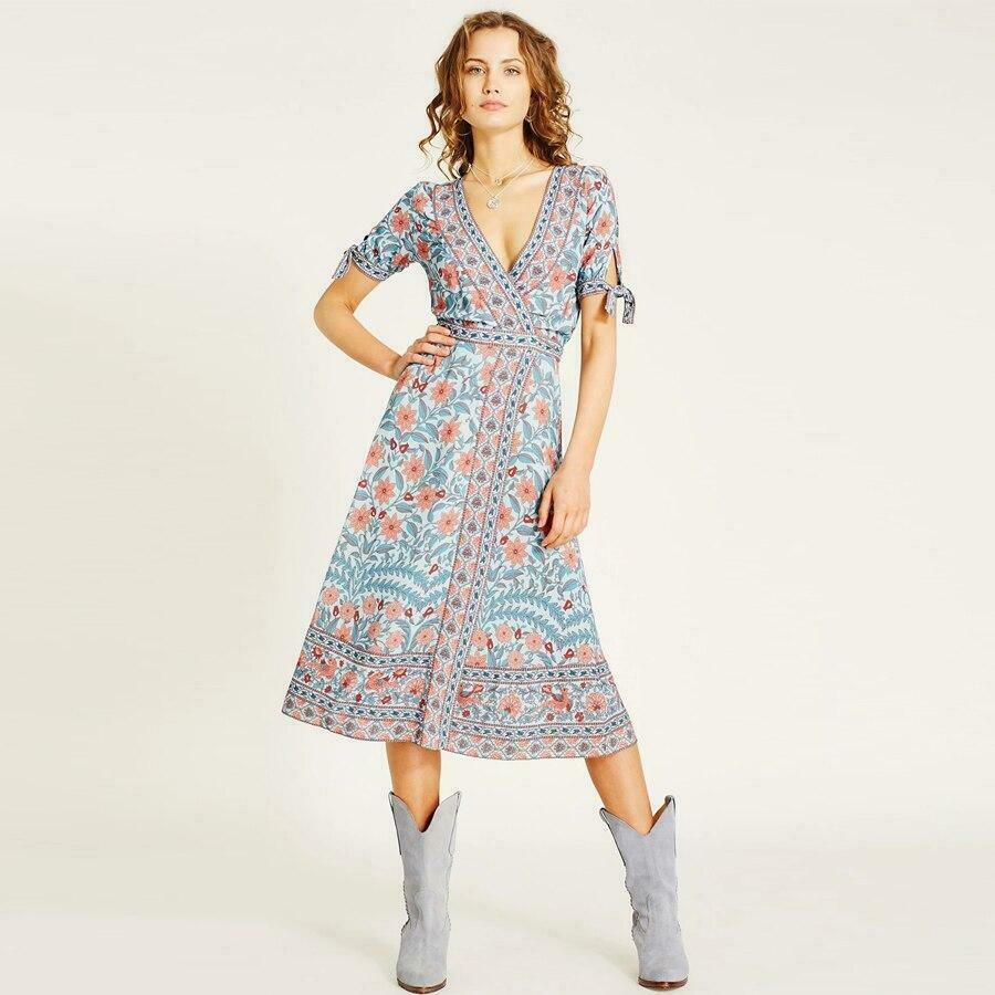 Deep V Neck Wrap Boho Dress - Y2K Aesthetic, Grunge Style, Coquette Vibes, Cute & Comfy