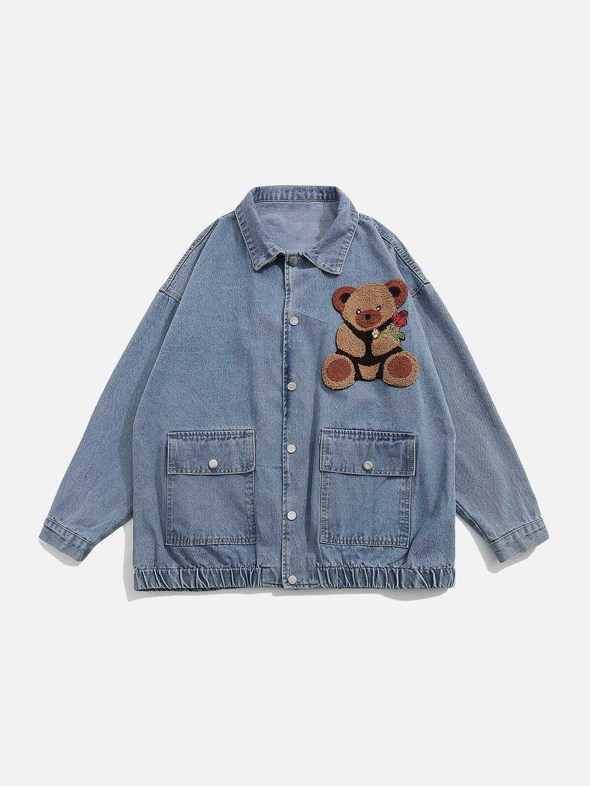 Flocked Bear Denim Jacket - Y2K Grunge Style for Summer, Retro 90s Fashion Outfit