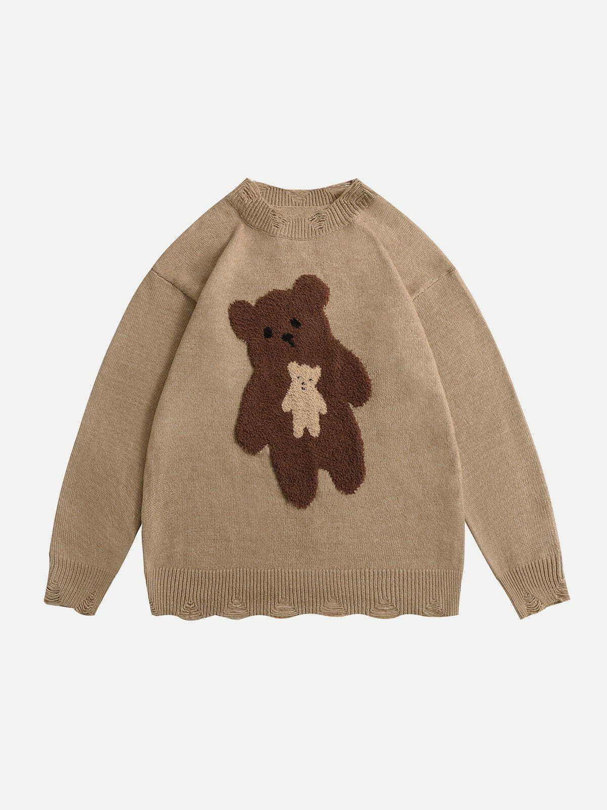 Flocked Bear Raw Edge Sweater - Y2K Grunge Style for Summer Parties & Retro 90s Vibes