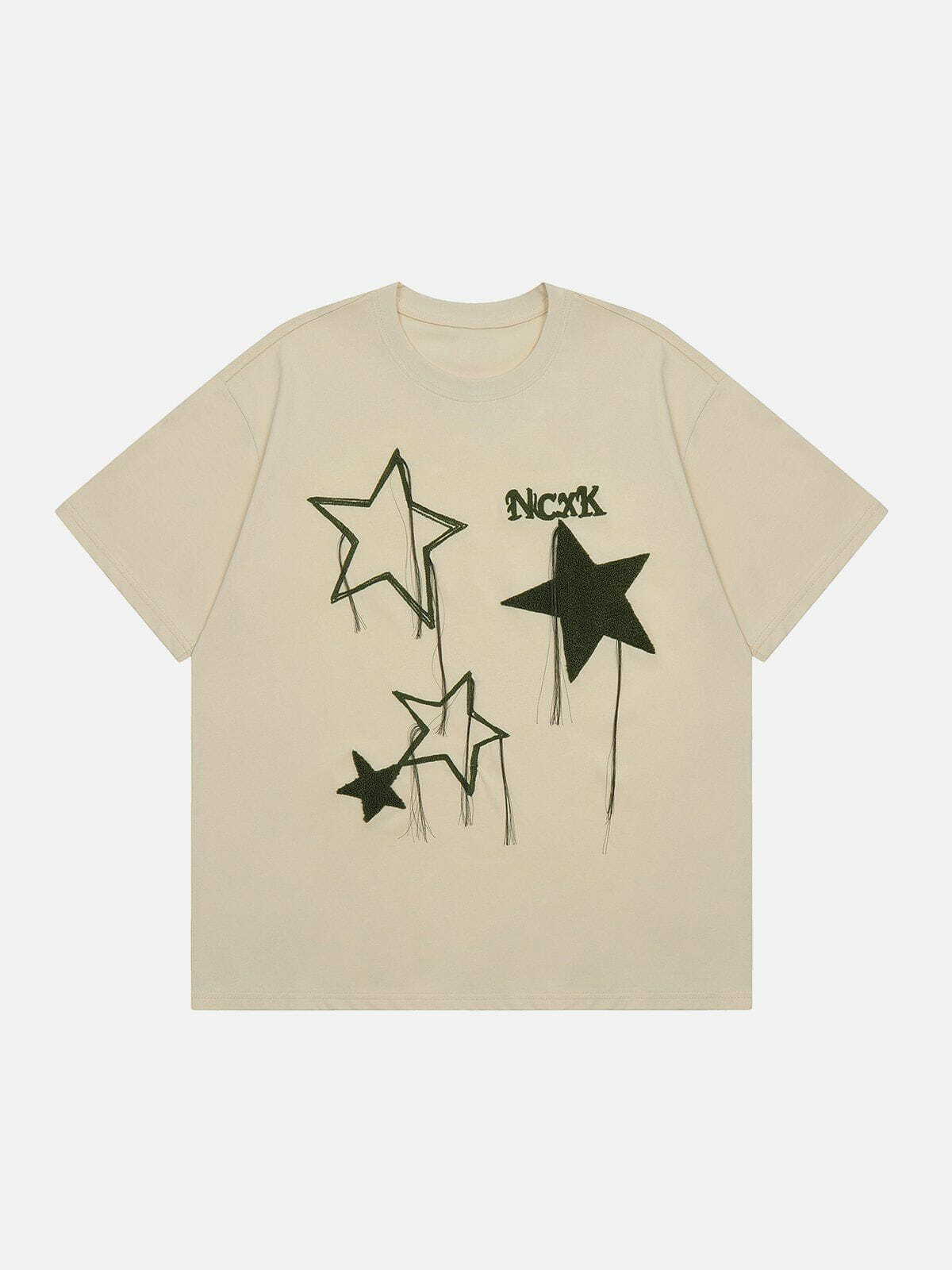 Flocked Star Tassel Tee - Y2K Grunge Top for Summer, 90s Party & Retro Style Outfits