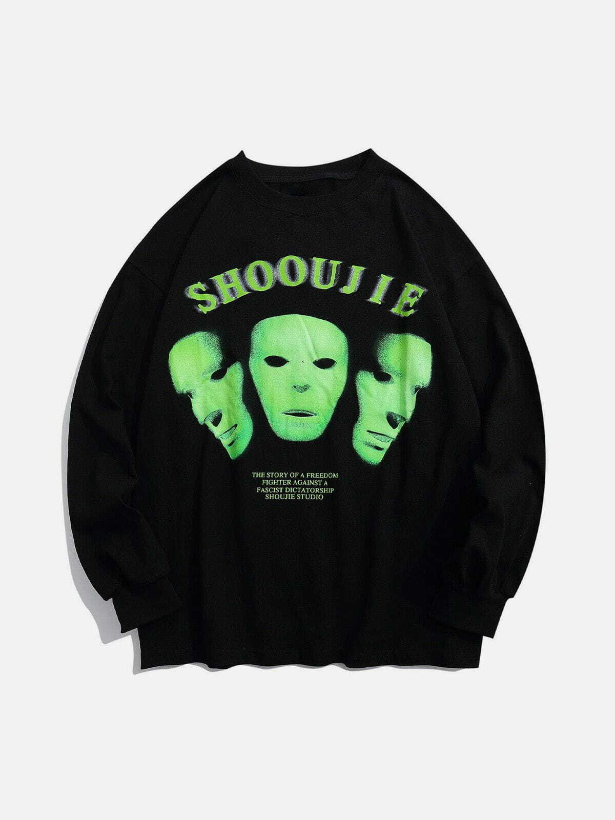 Fluorescent Mask Print Y2K Sweatshirt - Retro 90s Grunge Style for Summer Parties