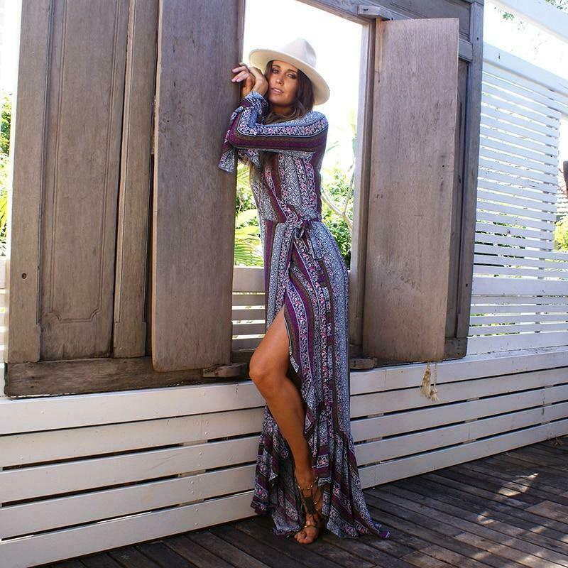 Free Spirit V-Neck Long Sleeve Maxi Dress - Y2K Aesthetic, Boho Chic, and Grunge Style