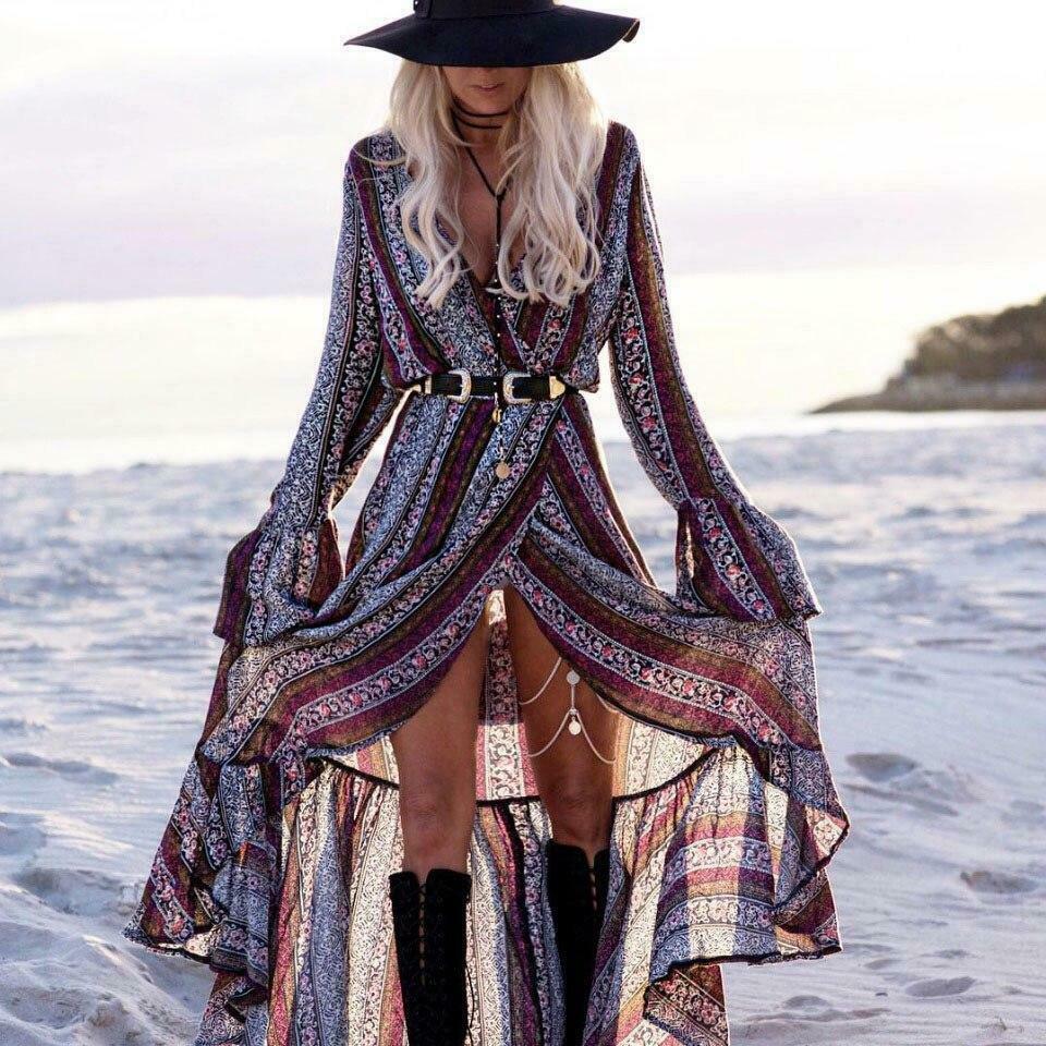 Free Spirit V-Neck Long Sleeve Maxi Dress - Y2K Aesthetic, Boho Chic, and Grunge Style