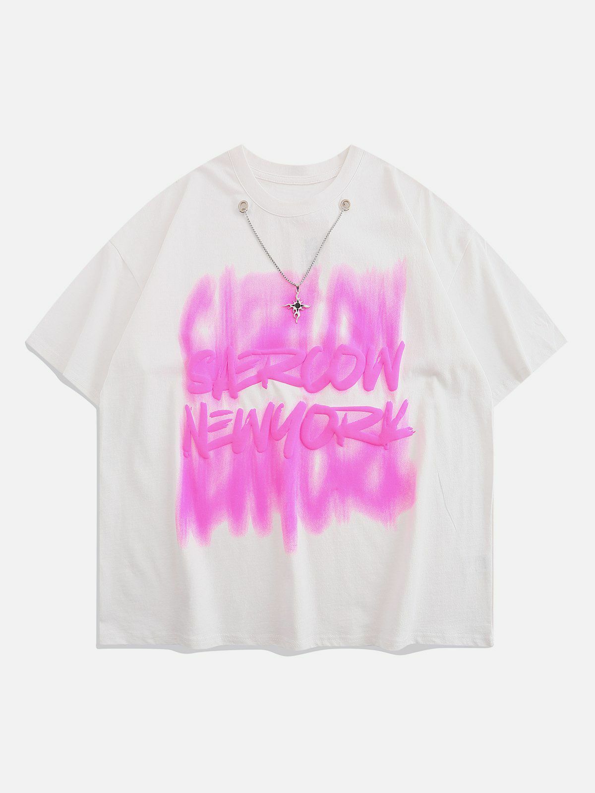 Fuzzy Letters Y2K Necklace Tee - Retro 90s Grunge Summer Outfit for Y2K Vibes