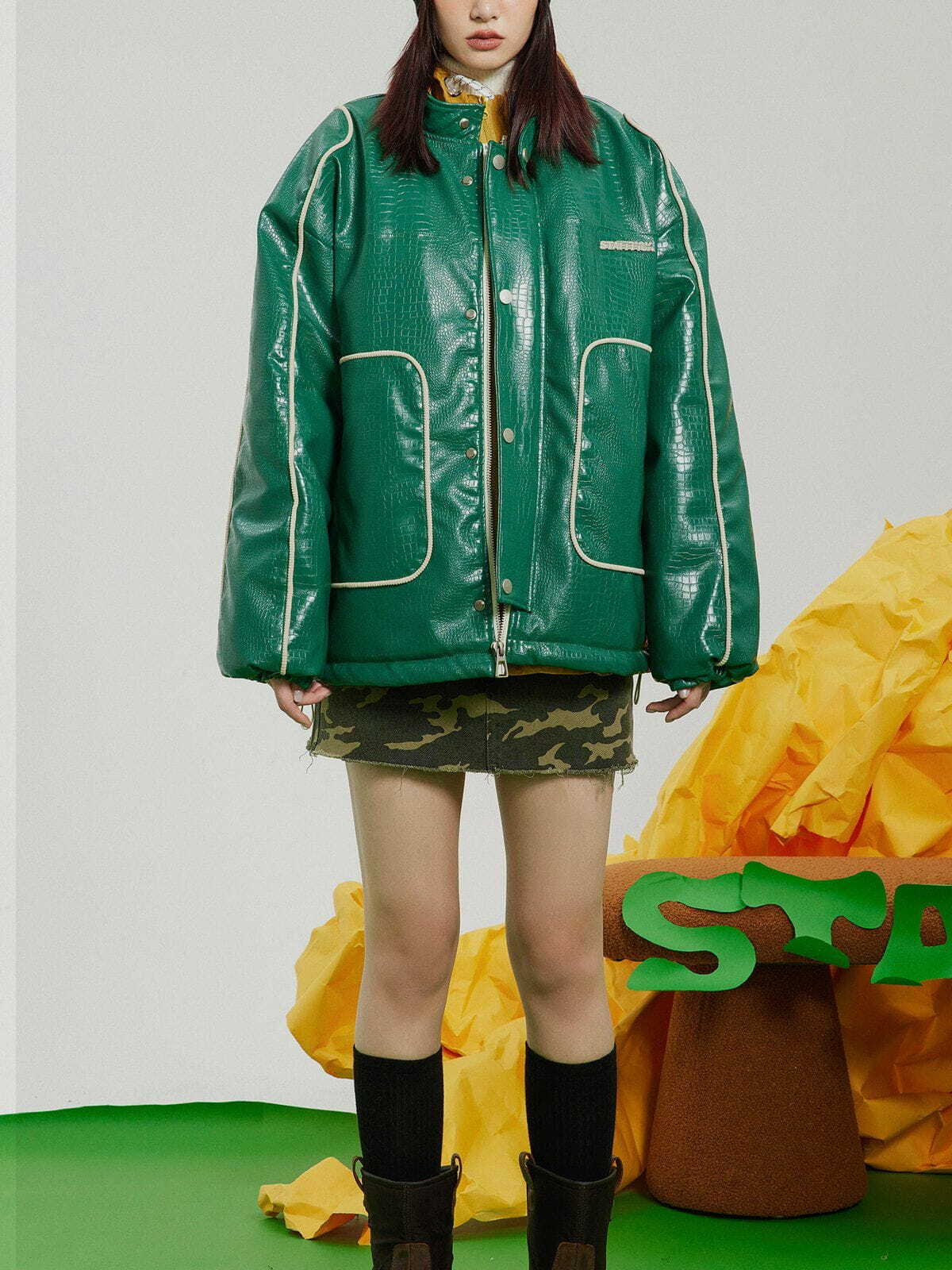 Glossy Y2K PU Winter Coat - Retro 90s Grunge Style for Y2K Party & Club Outfits