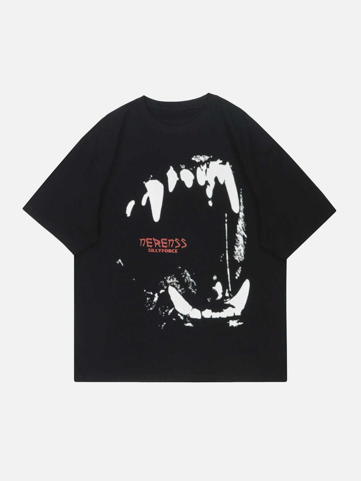 Gothic Demon Teeth Print Y2K Baby Tee - Grunge 90s Summer Outfit for Retro Vibes