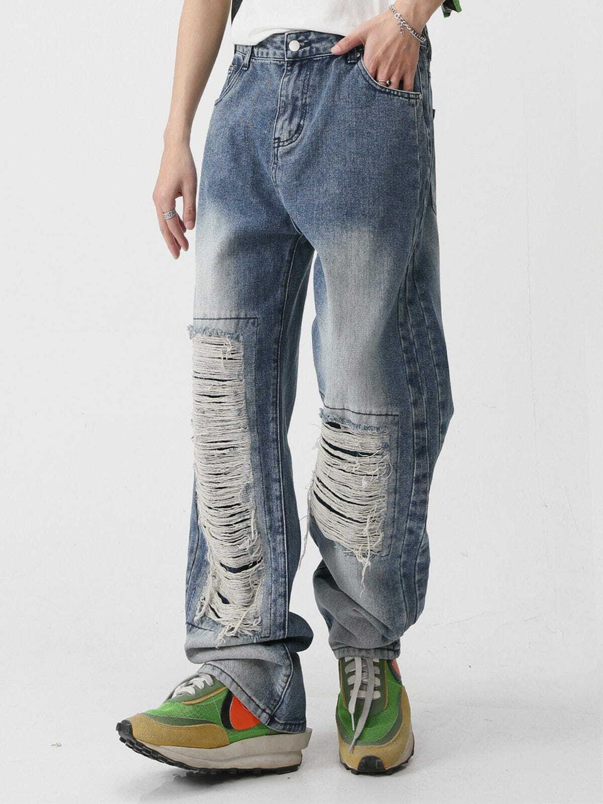 Grunge Y2K White Jeans with Distressed Holes - Retro 90s Summer Outfit Essential