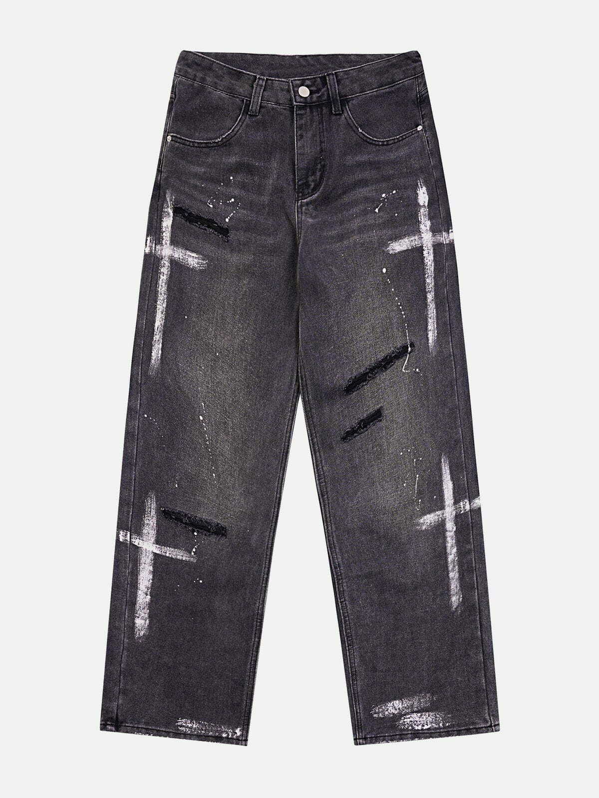 Hand-Painted Y2K Grunge Cross Hole Jeans - Retro 90s Summer Outfit for Y2K Style Lovers