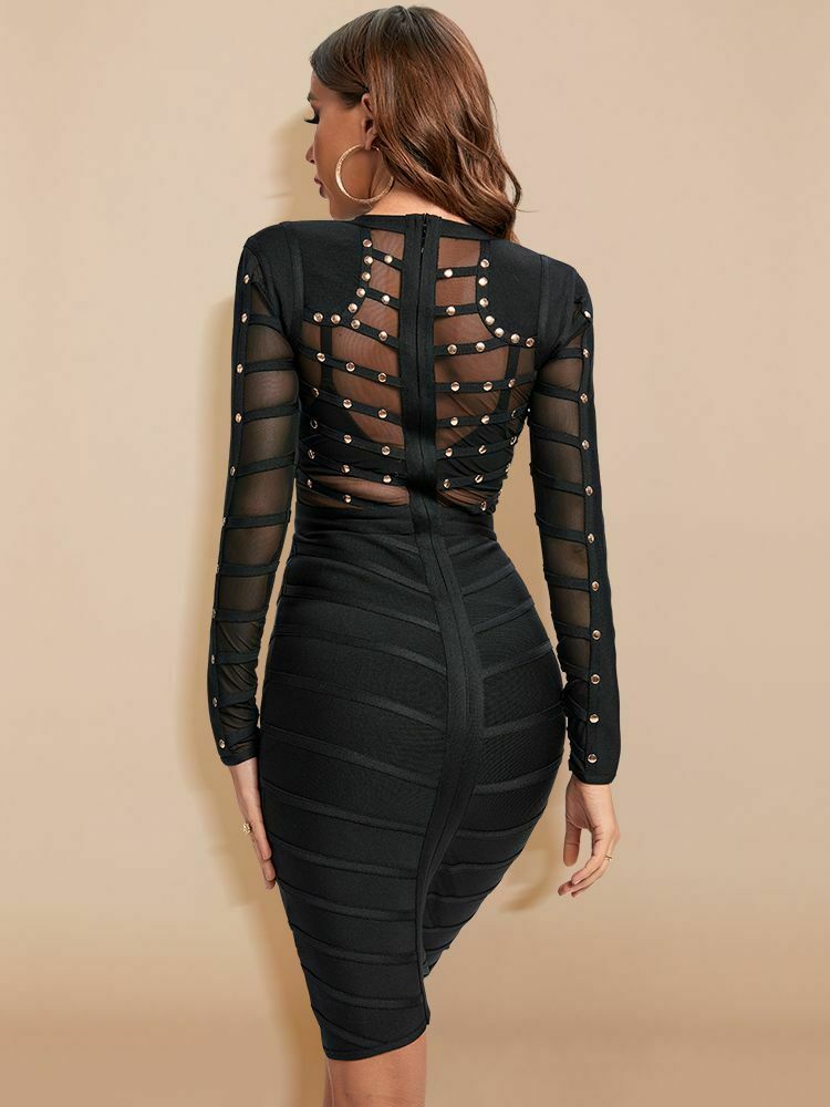 Knee-Length Mesh Bodycon Dress with Rivets - Y2K Grunge Aesthetic, Cute & Comfy Style