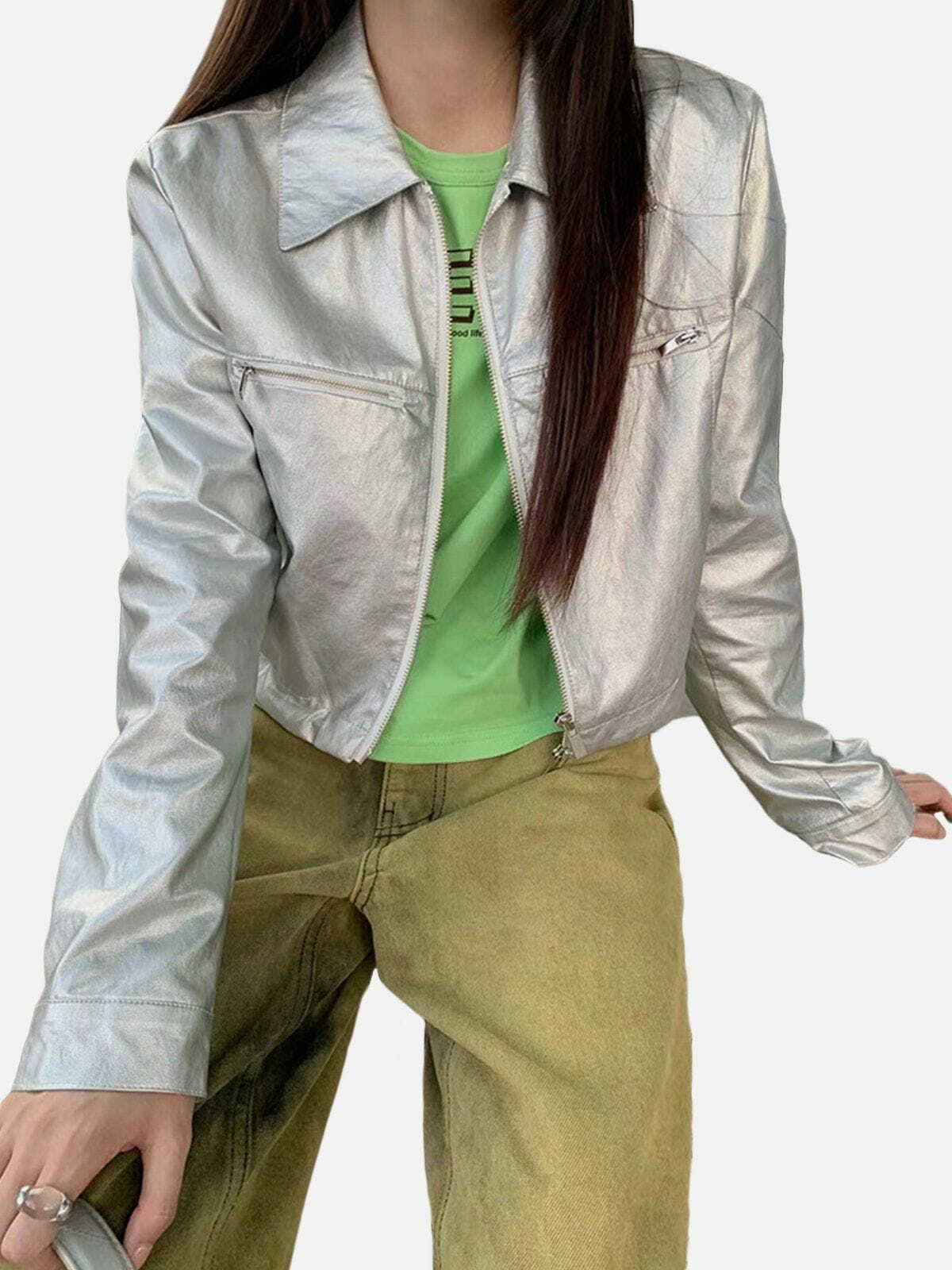 Shiny Silver Y2K Cropped Jacket - Retro 90s Grunge Summer Outfit for Y2K Party Vibes