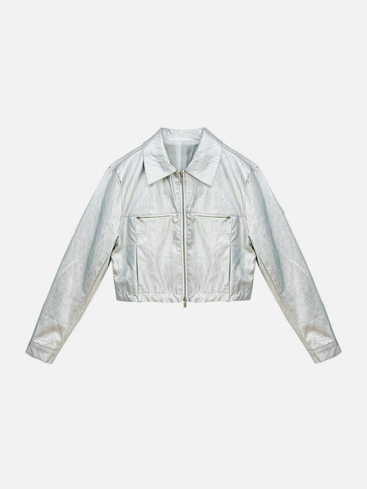 Shiny Silver Y2K Cropped Jacket - Retro 90s Grunge Summer Outfit for Y2K Party Vibes