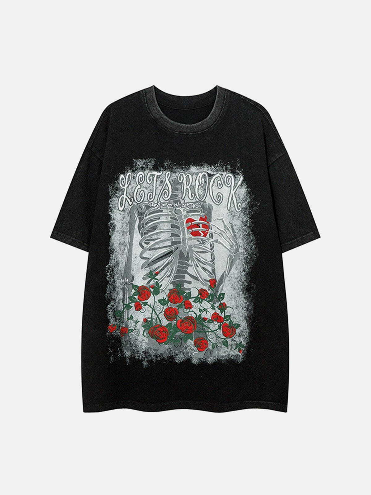 Skeleton Rose Print Y2K Tee - Grunge Summer Outfit, 90s Fashion, Retro Style Top