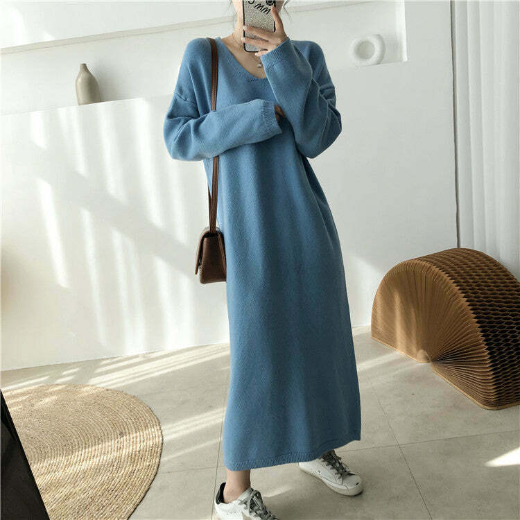 V-Neck Loose Full Sleeve Sweater Dress - Y2K Aesthetic, Cozy Fall Fashion Essential