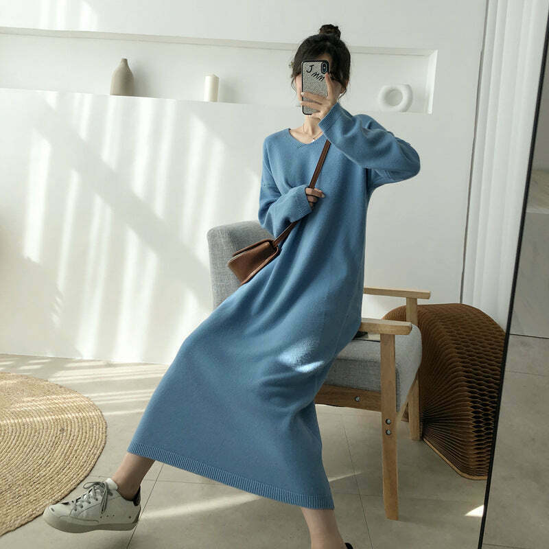 V-Neck Loose Full Sleeve Sweater Dress - Y2K Aesthetic, Cozy Fall Fashion Essential